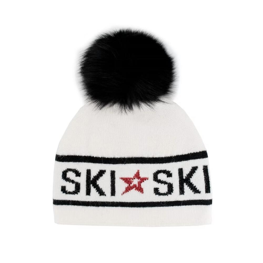 NEW MITCHIE'S MATCHINGS knit ski hat with fox pom in whit/black
